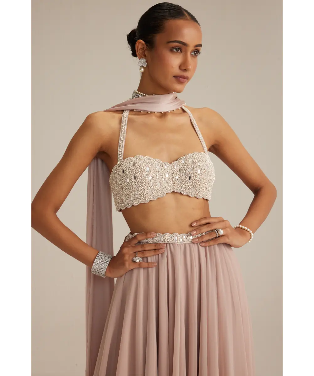 VVANI VATS- Ash Pink Georgette Skirt with Halter neck Blouse and stole